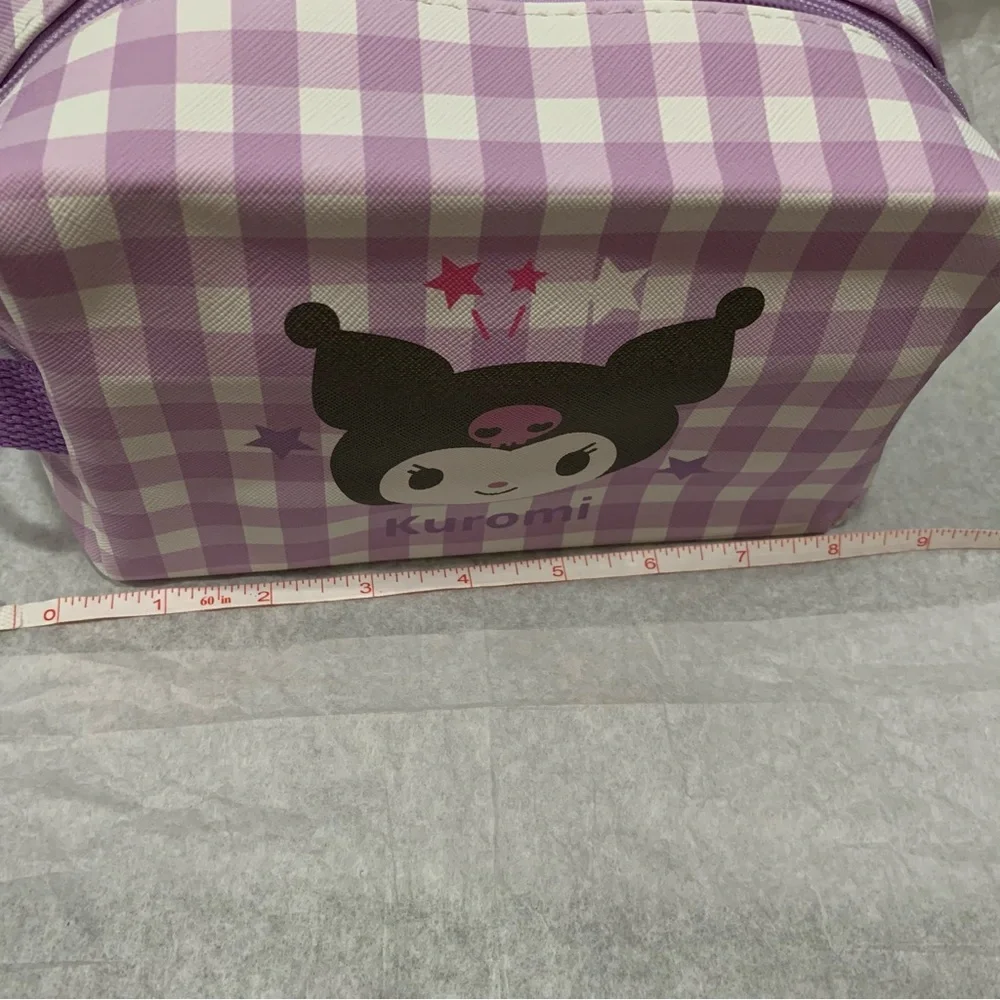 Kuromi Purple and White Gingham Check Zip Make Up Bag Pouch with Side Handle